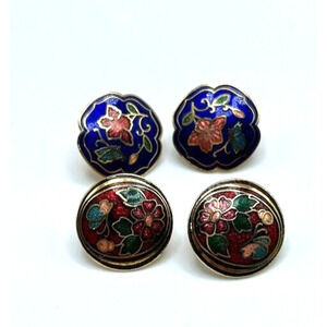 Set Of 2 Round Domed Cloisonne Stud Earrings Red Blue Enamel Painted Flower